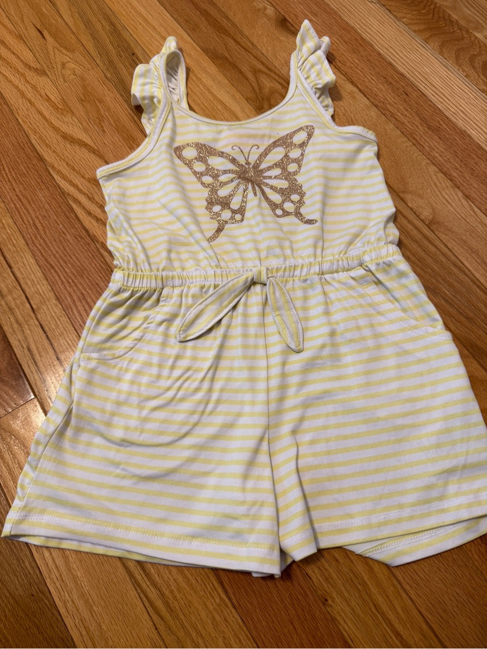 Girls Yellow & White Striped Butterfly Tank Romper